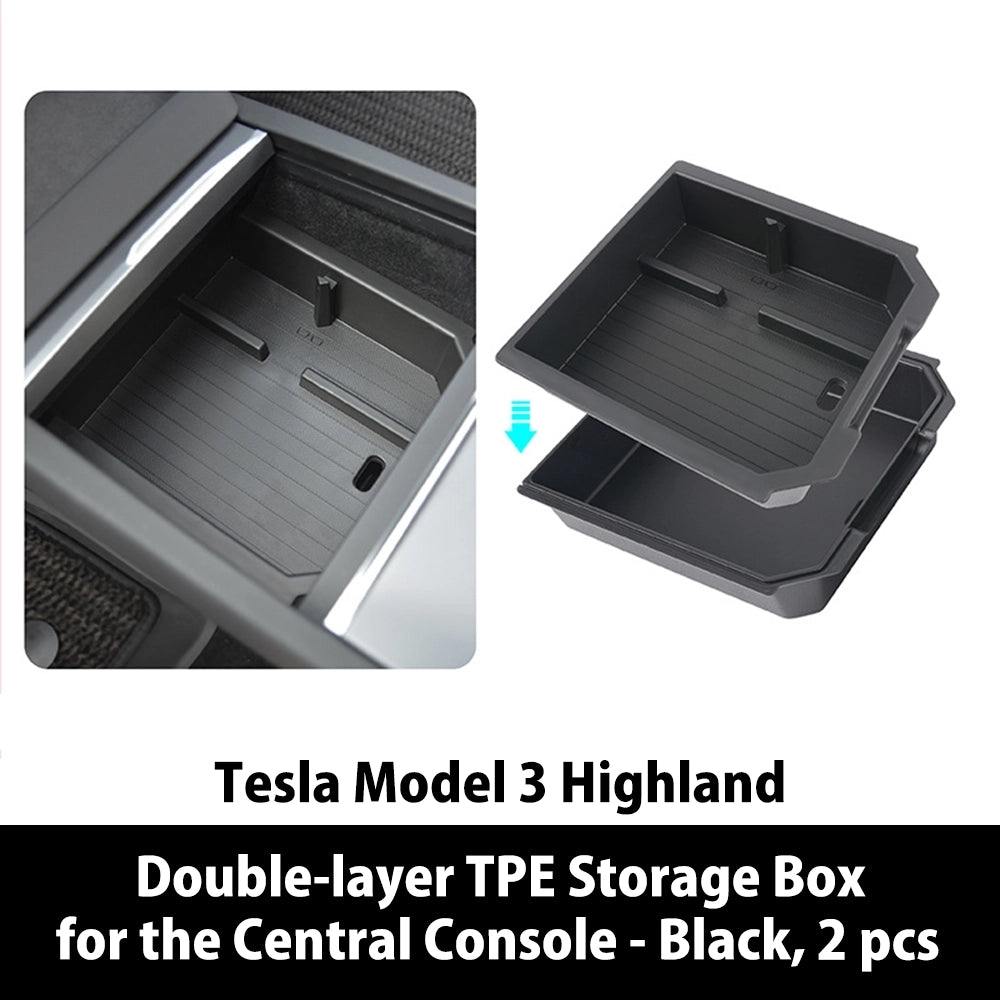 Double-layer TPE Storage Boxes Series, Including One for Central Console and One for Armrest Box for Tesla Model 3 Highland