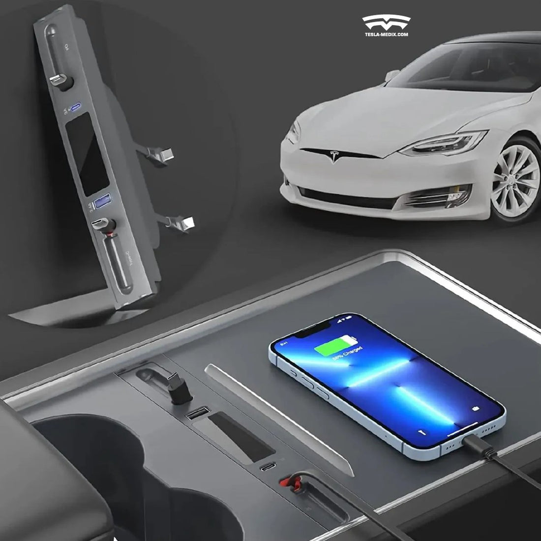 Retractable 4 in 1 Fast Charge USB Hub Center Console Docking Station For Tesla Model 3/Y